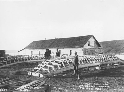 Boat building, Athabasca Landing, 1900.